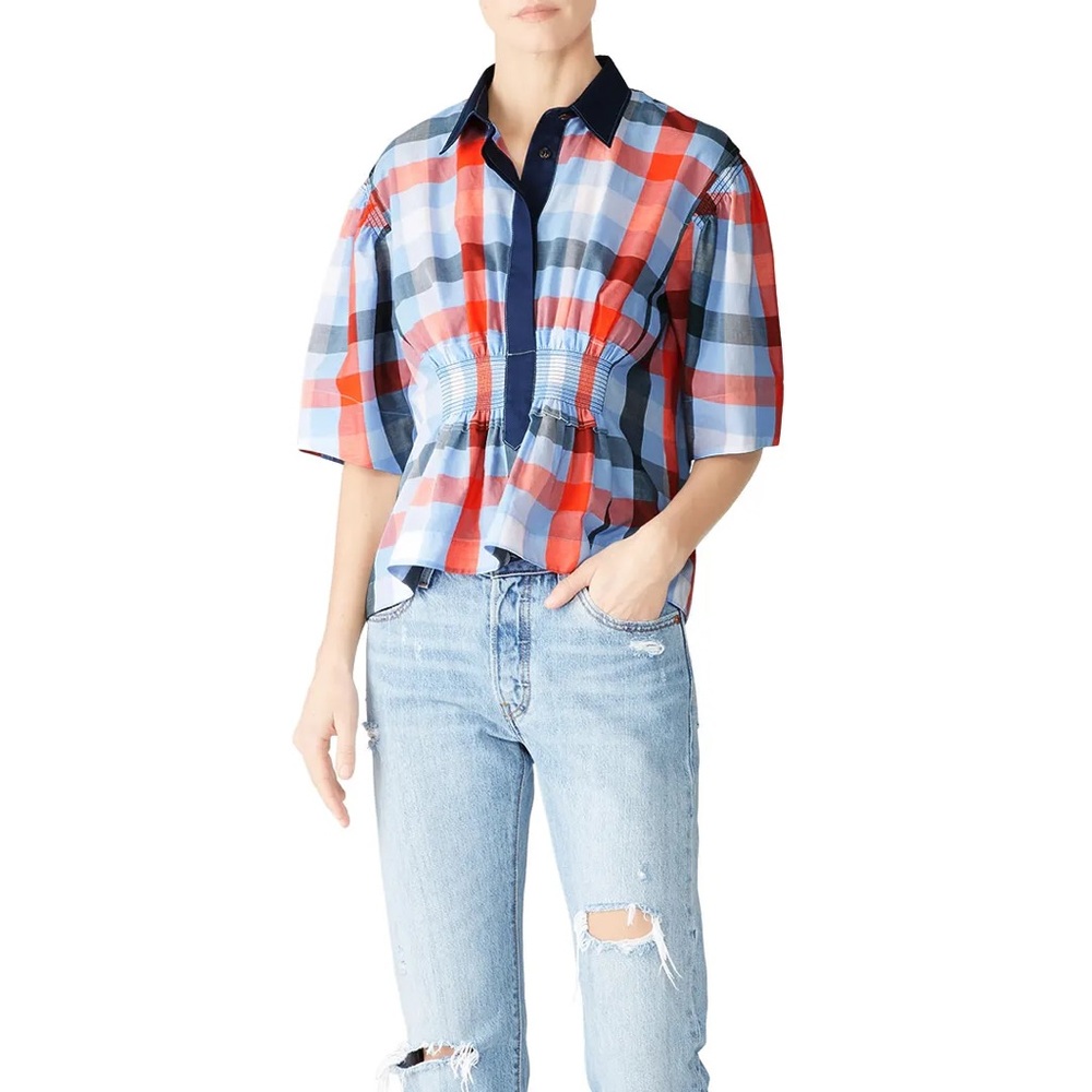 Cedric cCharlier plaid smocked waist blouse Size:4